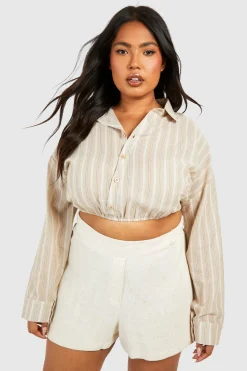 Plus Chemise crop top rayée à effet lin avec ourlet froncé