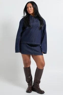 boohoo Plus Chemise de rugby à col en denim<Femme Denim|Tops D’Automne