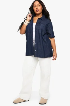 Plus Chemise en denim chambray à manches courtes Plus