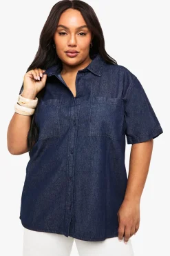 Plus Chemise en denim chambray à manches courtes Plus