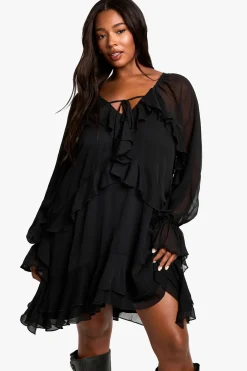 Plus Chiffon Ruffle Smock Dress