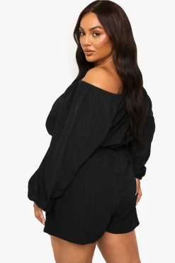 boohoo Plus Combinaison courte en étamine texturée à épaules dénudées<Femme Combinaisons Et Combishorts