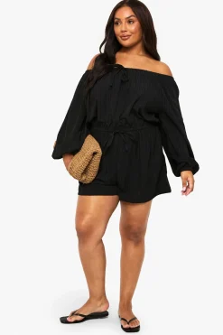boohoo Plus Combinaison courte en étamine texturée à épaules dénudées<Femme Combinaisons Et Combishorts