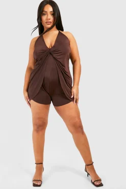 Plus Combinaison Courte Grande Taille en Tissu Slinky avec Détail Nœud et Bretelles