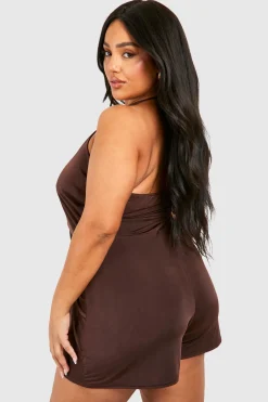 Plus Combinaison Courte Grande Taille en Tissu Slinky avec Détail Nœud et Bretelles