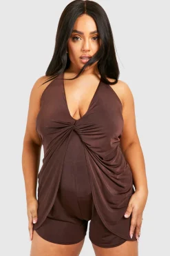 Plus Combinaison Courte Grande Taille en Tissu Slinky avec Détail Nœud et Bretelles
