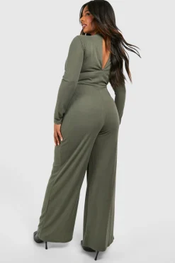 boohoo Plus Combinaison Grande Taille en Jersey Côtelé avec Détail en Trou de Serrure et Jambes Larges<Femme Combinaisons Et Combishorts