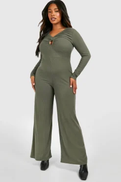 boohoo Plus Combinaison Grande Taille en Jersey Côtelé avec Détail en Trou de Serrure et Jambes Larges<Femme Combinaisons Et Combishorts