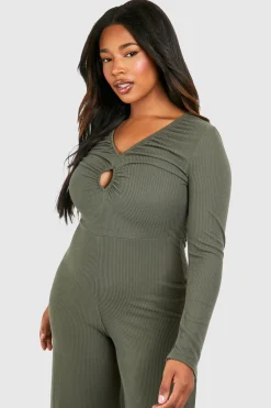 boohoo Plus Combinaison Grande Taille en Jersey Côtelé avec Détail en Trou de Serrure et Jambes Larges<Femme Combinaisons Et Combishorts