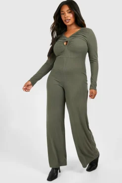 boohoo Plus Combinaison Grande Taille en Jersey Côtelé avec Détail en Trou de Serrure et Jambes Larges<Femme Combinaisons Et Combishorts