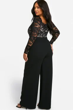Plus Combinaison Grande Taille en Dentelle à Nouer sur le Devant et à Jambes Larges