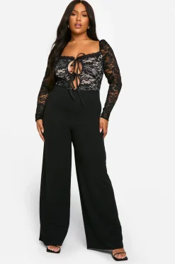 Plus Combinaison Grande Taille en Dentelle à Nouer sur le Devant et à Jambes Larges