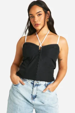 Plus Corset en dentelle à surpiqûres contrastées et à fines bretelles