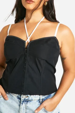 Plus Corset en dentelle à surpiqûres contrastées et à fines bretelles