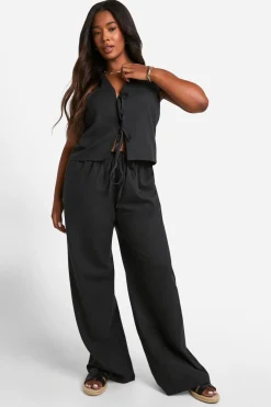Plus crop court effet lin en taille plus à nouer à l'avant & Pantalon à jambes larges