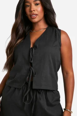 Plus crop court effet lin en taille plus à nouer à l'avant & Pantalon à jambes larges
