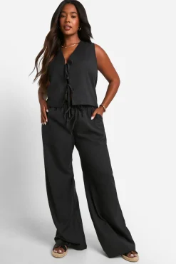 Plus crop court effet lin en taille plus à nouer à l'avant & Pantalon à jambes larges