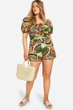 Plus Crop Top Court en Lin, Look Paisley, Manches Bouffantes et Effet Froncé
