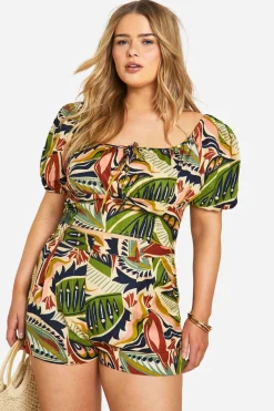 Plus Crop Top Court en Lin, Look Paisley, Manches Bouffantes et Effet Froncé