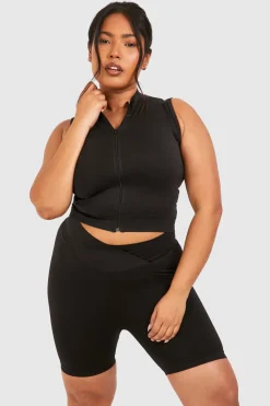 Plus Crop Top Court Sans Couture à Col Haut Zippé
