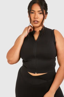 Plus Crop Top Court Sans Couture à Col Haut Zippé