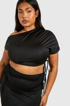 Plus Crop Top Grande Taille à Épaule Drapée Ruched et Jupe Maxi