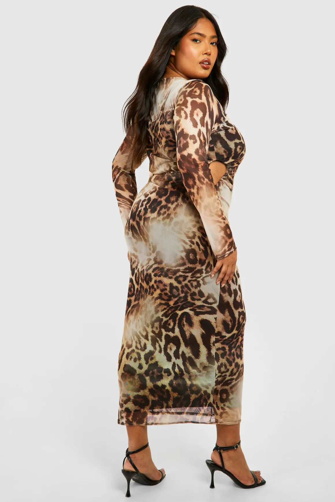 Plus Cut Out Robe Midaxi en Maille Léopard avec Manches Longues et Effet Ruché