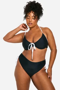 Plus de bas de bikini grande taille avec nœud contrasté et fronces latérales