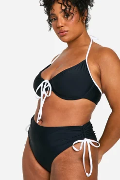 Plus de bas de bikini grande taille avec nœud contrasté et fronces latérales