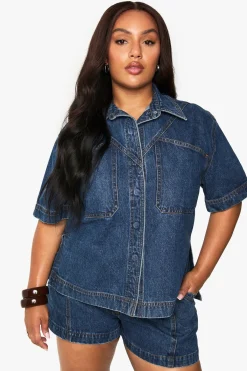 boohoo Plus Denim Chemise Longline à Manches Courtes<Femme Denim|Denim