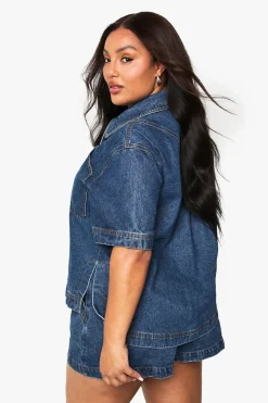 boohoo Plus Denim Chemise Longline à Manches Courtes<Femme Denim|Denim