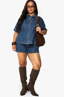 boohoo Plus Denim Chemise Longline à Manches Courtes<Femme Denim|Denim