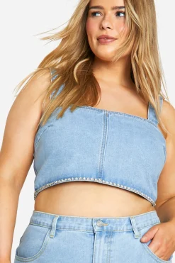 boohoo Plus Diamante Trim Denim Top<Femme Denim|Denim
