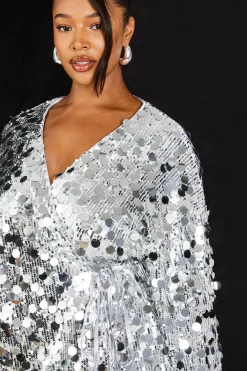Plus Disc Robe Grande Taille à Sequins, Style Enveloppant avec Manches Évasées