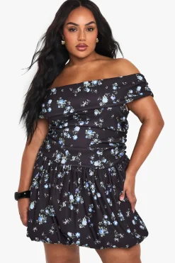 boohoo PLUS DISTY BENGALINE BARDOT PUFFBALL MINI ROBE<Femme Toutes Les Robes|Robes Patineuses