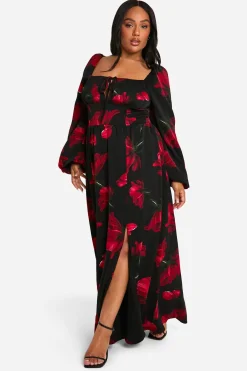boohoo Plus Ditsy Balloon Sleeve Milkmaid Maxi Dress<Femme Robes Patineuses|Robes À Manches Longues