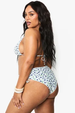 Plus Ditsy Floral perlée Bikini Brief asymétrique à nouer sur le côté – Taille Plus