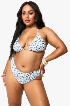 Plus Ditsy Floral perlée Bikini Brief asymétrique à nouer sur le côté – Taille Plus