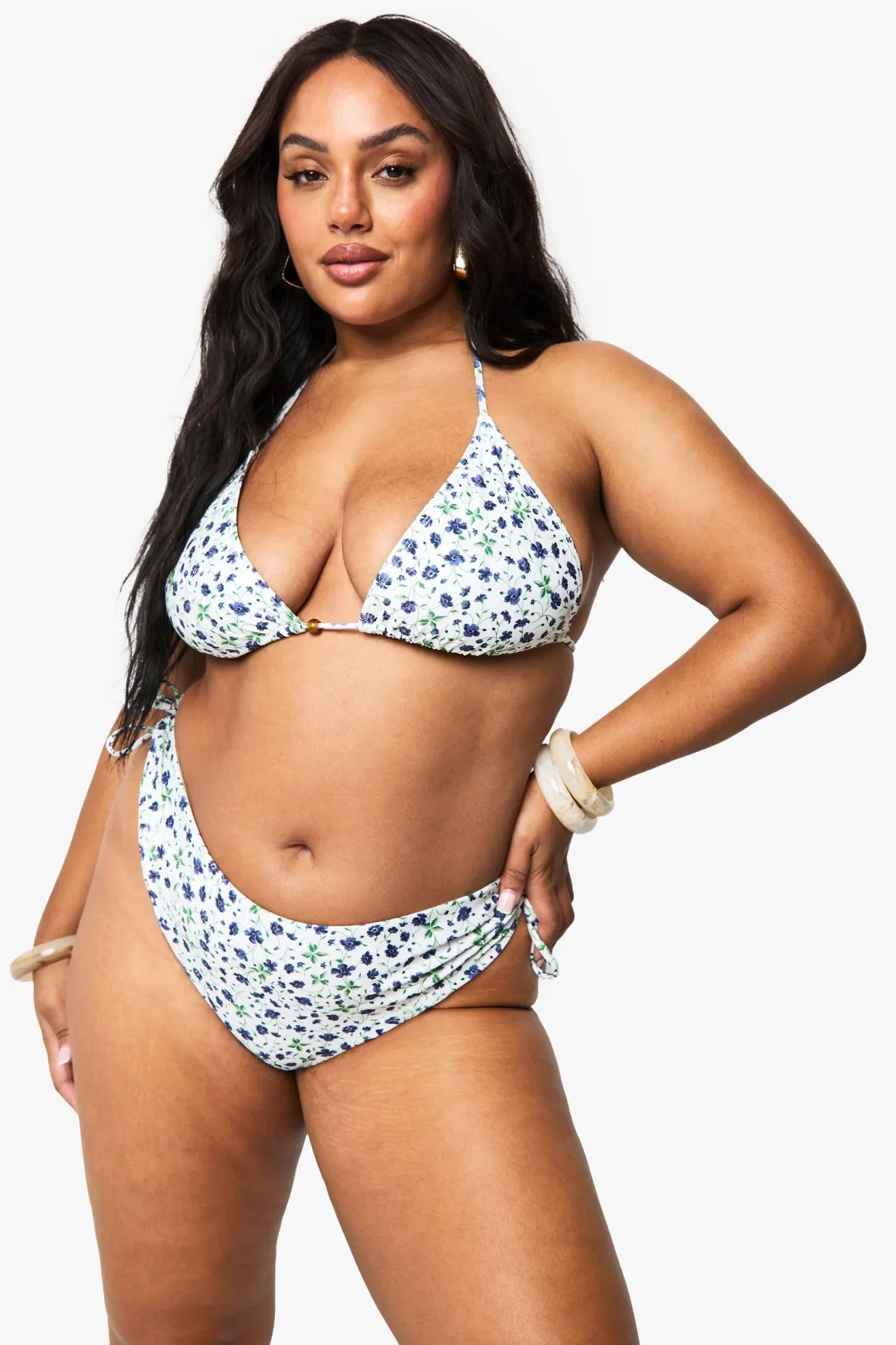 Plus Ditsy Floral perlée Bikini Brief asymétrique à nouer sur le côté – Taille Plus
