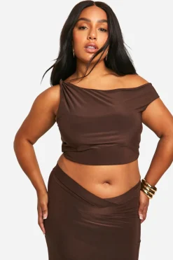 boohoo Plus Double Slinky Haut à épaules tombantes & Jupe Maxi à ceinture en V Coordonné<Femme Looks Chocolat|Ensembles