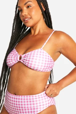 Plus Ensemble Bikini à Imprimé Vichy, Haut à Taille Haute avec Détail Anneau O