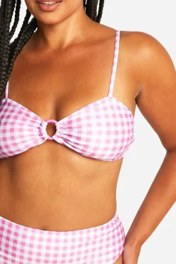 Plus Ensemble Bikini à Imprimé Vichy, Haut à Taille Haute avec Détail Anneau O