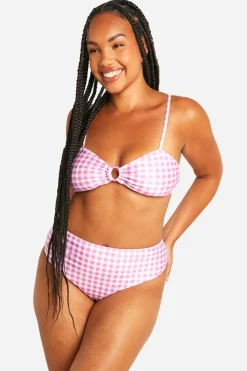 Plus Ensemble Bikini à Imprimé Vichy, Haut à Taille Haute avec Détail Anneau O