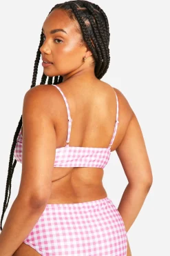 Plus Ensemble Bikini à Imprimé Vichy, Haut à Taille Haute avec Détail Anneau O