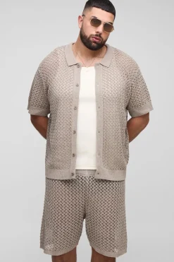 boohooMAN Plus Ensemble Chemise en Crochet Ouverte, Oversize et Boxy & Short Set<Homme Survêtements Grande Taille|Tout Afficher