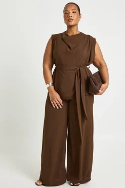Plus ensemble coordonné composé d'un haut à col drapé en tissu tissé et d'un pantalon ceinturé