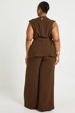 Plus ensemble coordonné composé d'un haut à col drapé en tissu tissé et d'un pantalon ceinturé