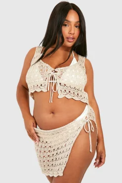 boohoo Plus Ensemble de Plage avec Haut Court en Crochet et Mini-Jupe<Femme Ensembles|Tenues De Plage