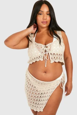 boohoo Plus Ensemble de Plage avec Haut Court en Crochet et Mini-Jupe<Femme Ensembles|Tenues De Plage