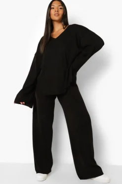 boohoo Plus Ensemble Pantalon Fendu sur le Côté en Maille à Col en V<Femme Ensembles